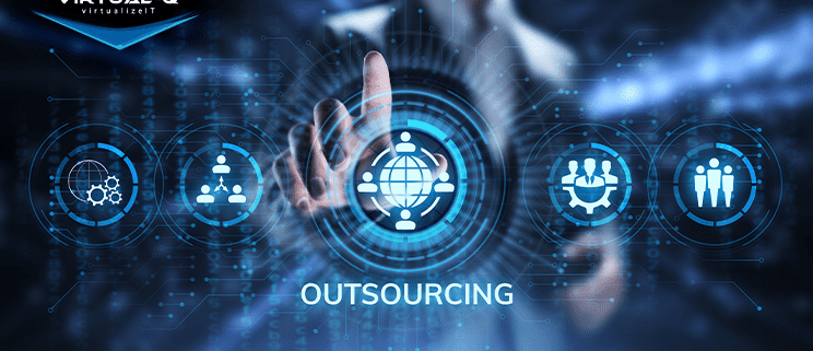 circular IT graphics above the word "outsourcing" over dark background with man in suit