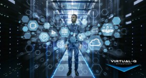man in suit standing in data center behind hexagonal IT graphics