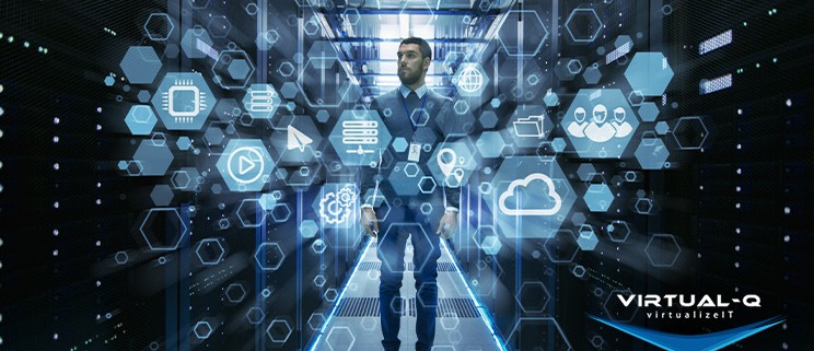 man in suit standing in data center behind hexagonal IT graphics