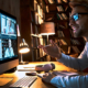 smiling man uses desktop computer to video conference with four coworkers