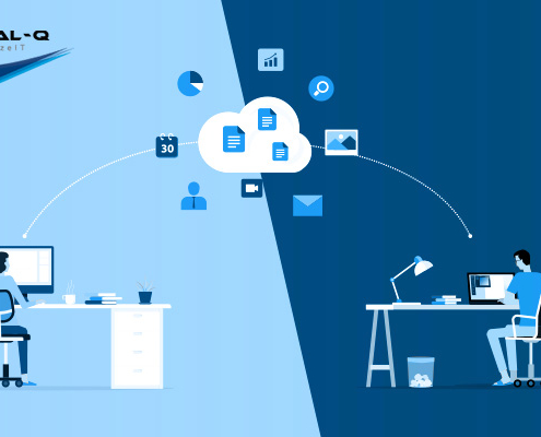 animated graphic of two workers in separate locations using computers to collaborate