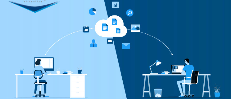 animated graphic of two workers in separate locations using computers to collaborate