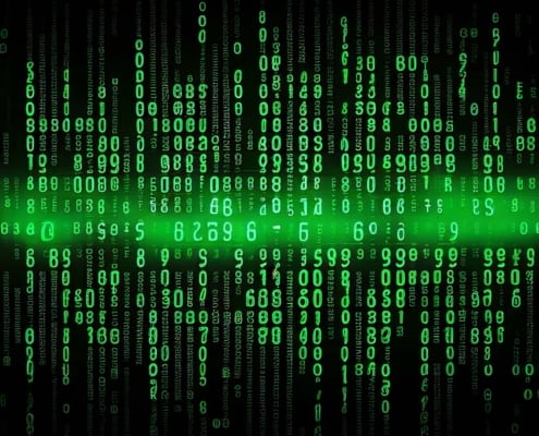 Data from a digital stream or binary code on a matrix background, with vector digits from virtual security technology